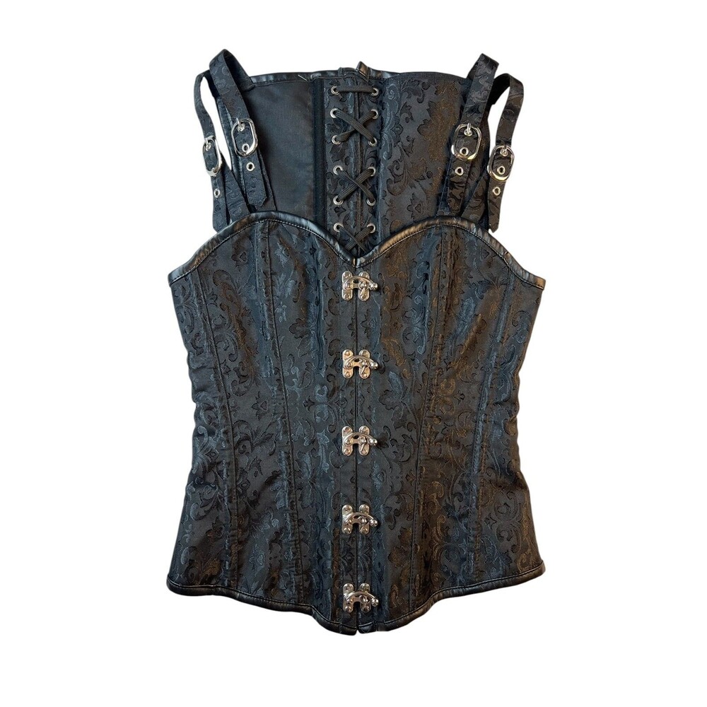 Black Jacquard Bustier Corset Top  Size M  Steampunk Renaissance Biker Gothic - Picture 2 of 13